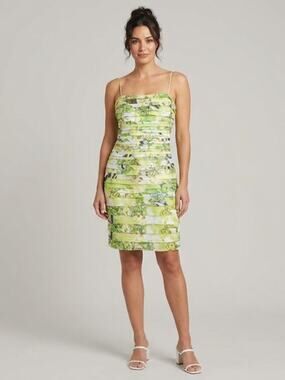 JS Collections Floral Tiered Bodycon Dress Size 10 Green Ruffle Mini Party
